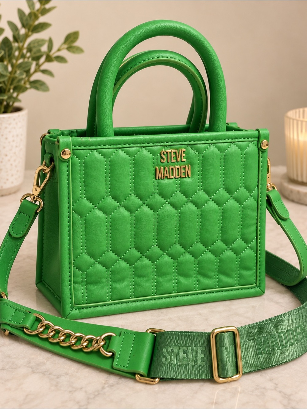 Steve Madden Green Quilted Top-Handle Crossbody with Chain Strap